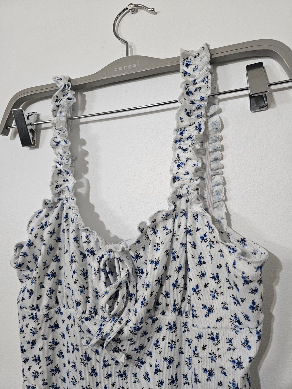 SHEIN White Floral Ruffle Tank Dress with Blue Print